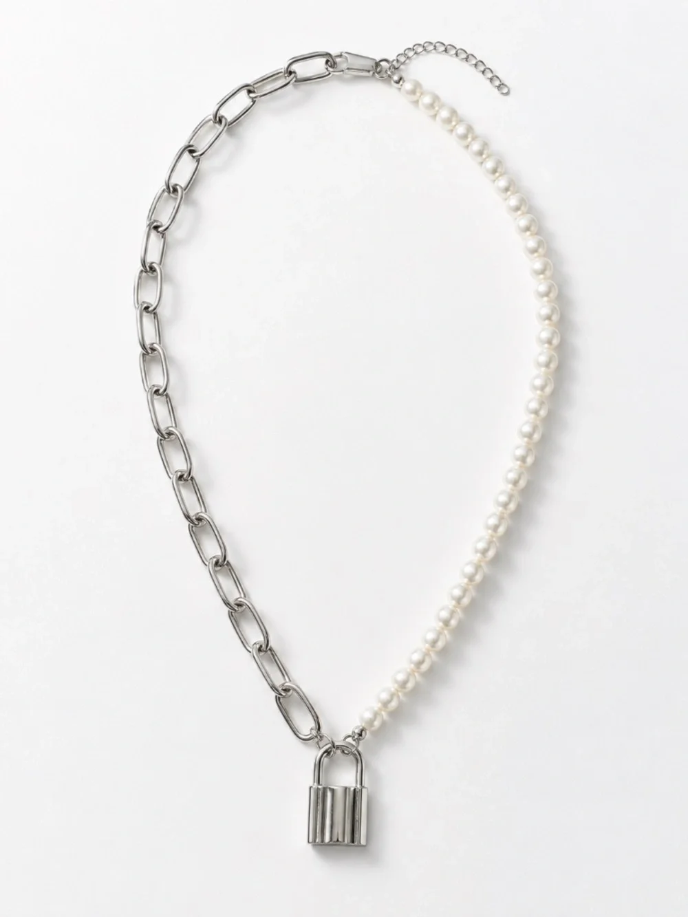 Silver-Tone Pearl & Paperclip Chain Lock Necklace